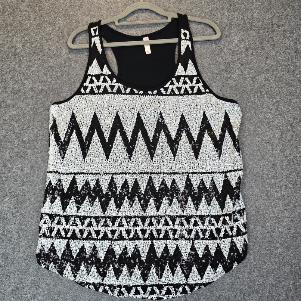 Xhilaration Racerback Tank Top Women XL White Black Chevron Striped Sequin Nylon
